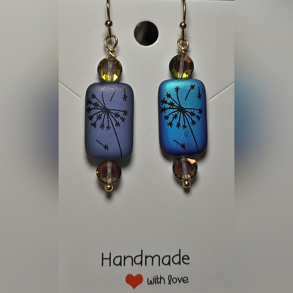 Hand Crafted Czech Glass Laser Etched Dandelion Earrings With Swarovski Crystals